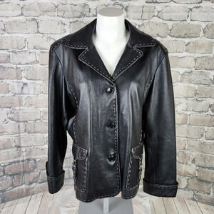 Danier Black Leather Jacket Moto Style Buckle Flap Pockets XL Biker